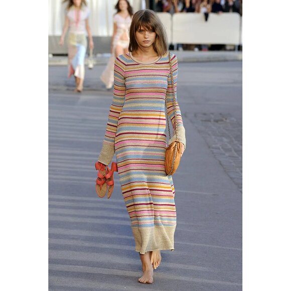 Chanel Striped Sweater Knit Dress 2011 Cruise Resort 11C Beige Colorful FR 38 - Picture 1 of 16